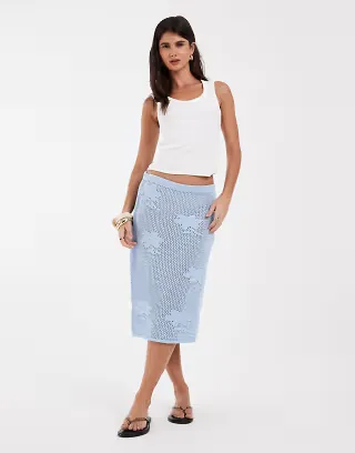 ASOS DESIGN knit floral lace midi skirt in blue -set