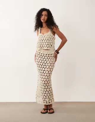 ASOS DESIGN premium hand crochet tank top & floral midi skirt set in cream