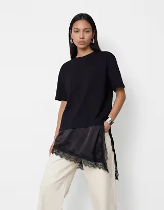 Noisy May oversized satin T-shirt with asymmetric lace hem in black