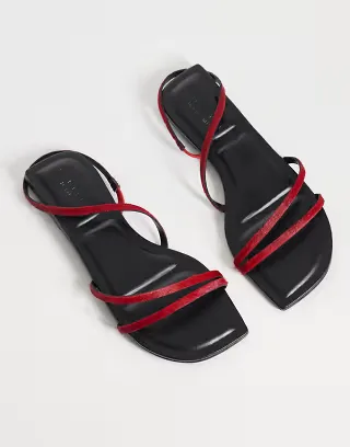 ASOS DESIGN Fusion premium skinny strap flat sandals in red hair on real leather