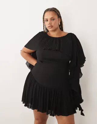 ASOS LUXE Curve pleated shoulders drape structured mini dress with frill skirt in black