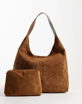 ASOS DESIGN faux suede cutwork tote bag in tan
