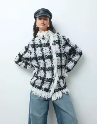ASOS DESIGN textured fringe double breasted cardigan in mono plaid