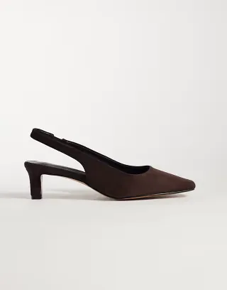 Glamorous slingback kitten heel shoes in brown suedette
