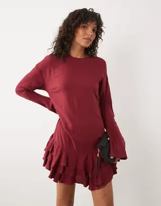 ASOS DESIGN slash neck mini dress with ruffle skirt in berry