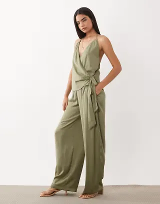 SNDYS satin wrap halterneck tie detail top and balloon leg pants set in olive