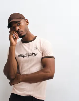 ASOS DESIGN slim fit ringer t-shirt with Spply print in stone texture