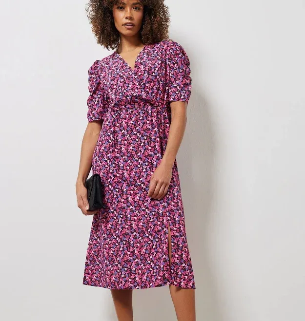 M&Co Women's Wrap Ruched Sleeve Dress