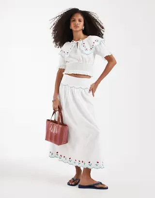 Neon Rose tiered midaxi skirt in white floral - part of a set