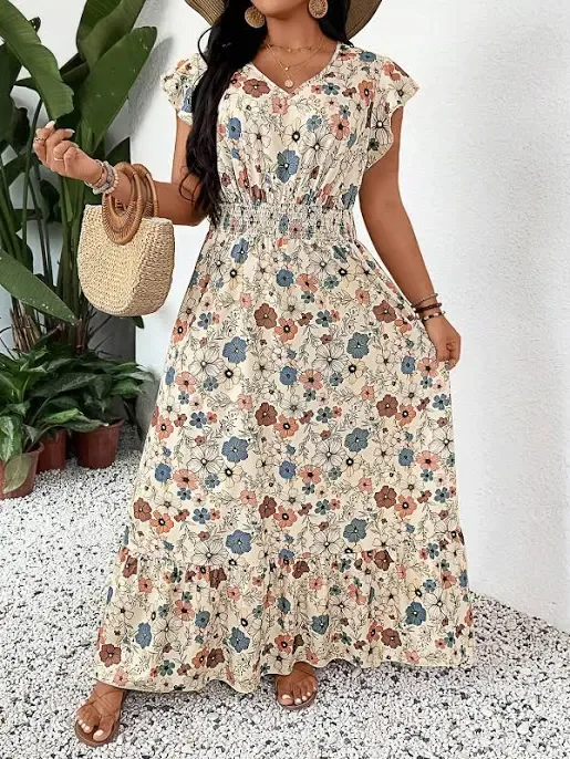 Luneh Plus Size Women V-Neck Allover Print Long Casual Dress,Boho Summer Holiday Beige Sundress,Old Money Bohemian Picni