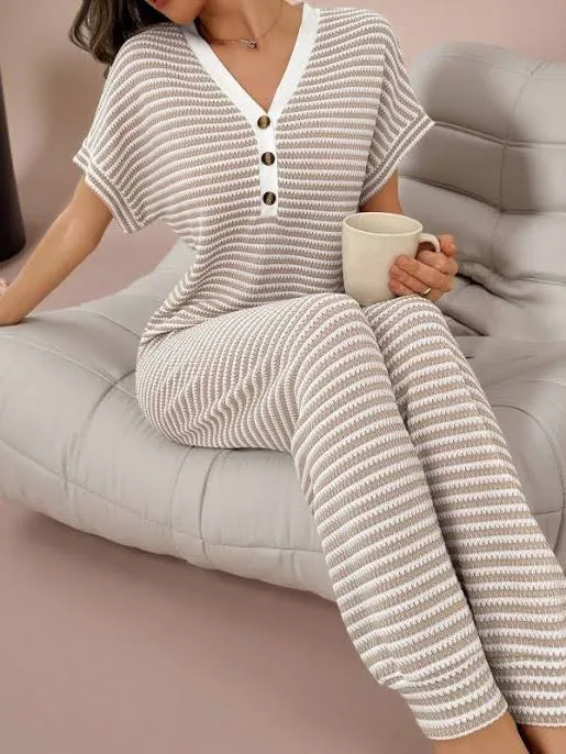 SHEIN Women's Striped V-Neck Half Button Pajama Set