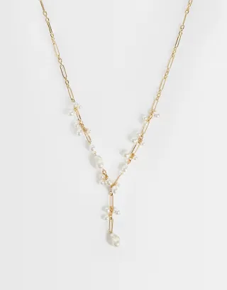 ASOS DESIGN necklace with faux pearl drop detail in gold tone