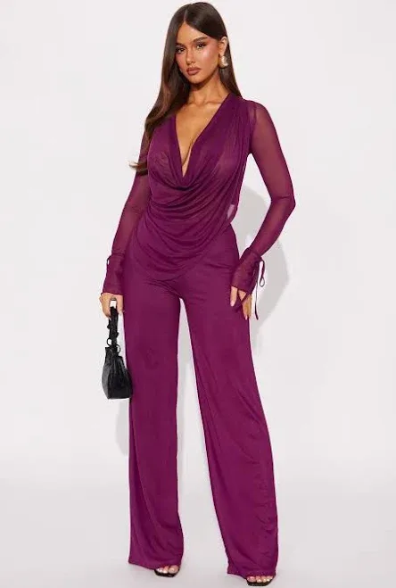 Fashion Nova Long Sleeve Mesh Blouse Wide Leg Pant Set