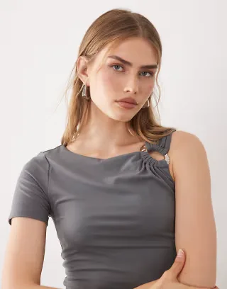 Cotton On eyelet off the shoulder cinched waist top in urban gray