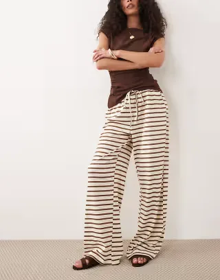 Threadbare pull on wide leg pants in ecru and brown stripes