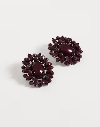 ASOS DESIGN stud earrings with floral gem stone design in burgundy