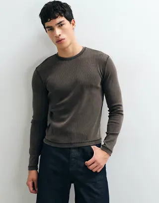 Weekday slim fit rib long sleeve t-shirt in washed brown