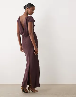 ASOS DESIGN high neck draped shoulders maxi dress with cowl back in fudge brown