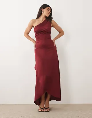 TFNC Bridesmaid satin one shoulder wrap skirted maxi dress in burgundy