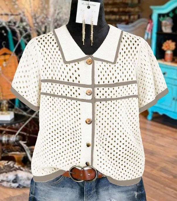 SHEIN Linhara Colorblock Striped Plus Size Women Knit Cardigan For Open Front Hollow Short Sleeve Collared Casual Lightw