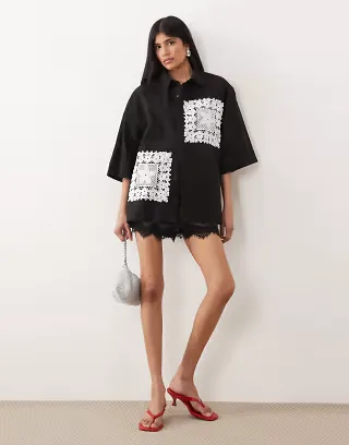 Sister Jane Unisex Galene crochet trim short sleeve shirt in black