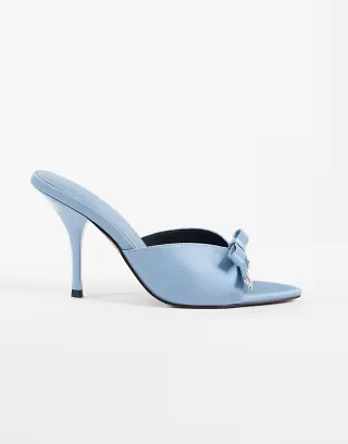 ASOS DESIGN Nelly bow detail high heeled mules in blue satin