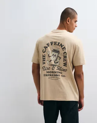 Threadbare caffeine crew back print relaxed fit T-shirt in stone