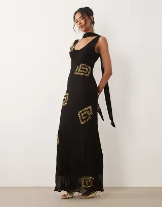 Never Fully Dressed Simona scarf neck sleeveless sequin detail maxi dress in black