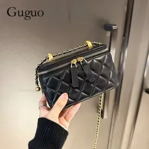 Guguo Leather Mini Shoulder Bag - Sheepskin Crossbody Handbag with Golden Ball Chain and Lipstick Holder - Designer Styl