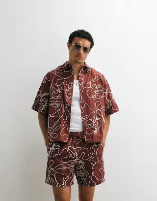 ASOS DESIGN boxy oversized rope detail shirt in burgundy - part of a set