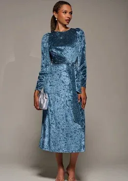 Jolie Moi Women's Long Sleeve Velvet Tie Detail Midi Dress