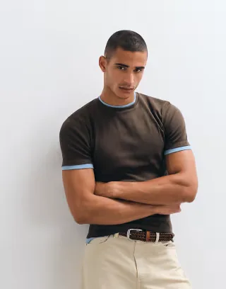 ASOS DESIGN slim t-shirt with contrast in brown rib