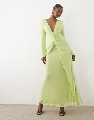 ASOS DESIGN mesh deep plunge long sleeve maxi dress with twisted knot detail in lime