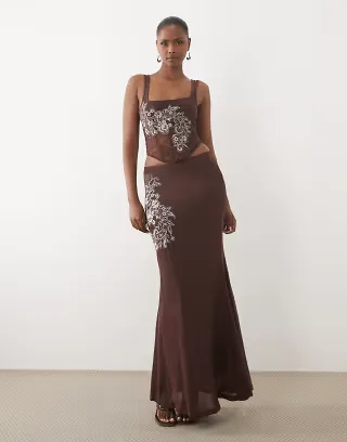 ASOS DESIGN embroidered mesh corset top and maxi skirt set in chocolate