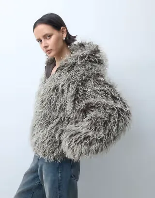 Weekday oversized balloon fit faux fur jacket with hood in gray