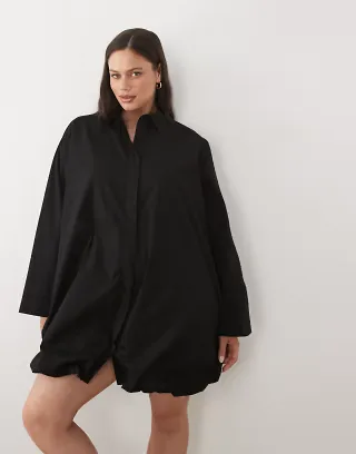 ASOS DESIGN Curve wide cuff shirt mini dress with bubble hem in black