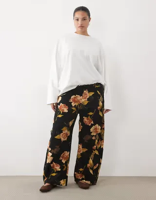ASOS DESIGN Curve printed barrel leg trouser in black floral