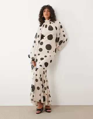 ASOS DESIGN high neck chiffon maxi dress with godet hem in polka dot
