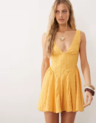 Free People v neck corset style mini dress in yellow