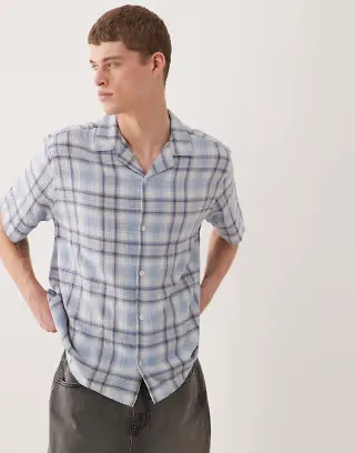 ASOS DESIGN relaxed revere textured check shirt in light blue