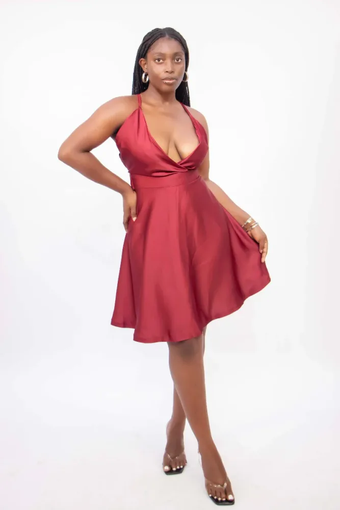HALTER NECK SATIN BELTED DRESS