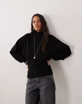 ASOS DESIGN premium high neck batwing sleeve compact sweater in black