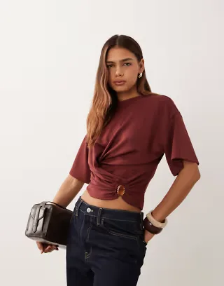 ASOS DESIGN modal short sleeve top with gold trim detail in burgundy