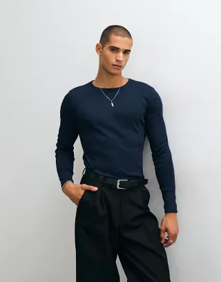 ASOS DESIGN super heavyweight slim fit long sleeve T-shirt in navy rib