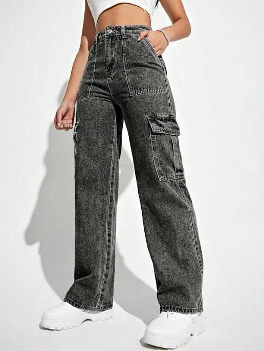 SHEIN Women's Straight Leg Denim Cargo Pants