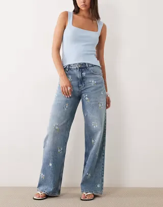 Mango Beverly cotton mix straight jeans with floral embroidery in blue