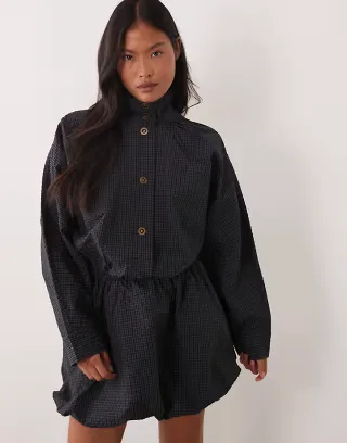 ASOS DESIGN Petite track button down mini dress with puff skirt in navy check