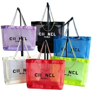 Y2K Women's Mesh Tote Bag, Medium Nylon Shoulder Tote with Chain Handle, Logo Print, Soft Structure for Beach, Festival,