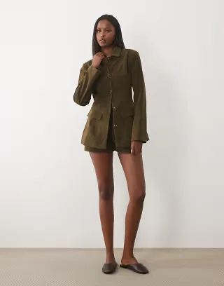 Kaiia exclusive faux suede cinched waist longline blazer and shorts set in dark olive