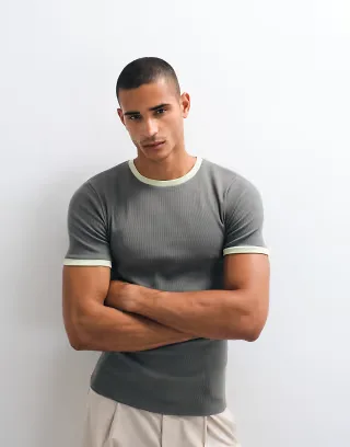 ASOS DESIGN muscle fit ribbed T-shirt with ringer detailing in charcoal